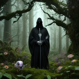 the Grim Reaper wearing black robe and hood, standing in a beautiful forest and surrounded by woodland animals, flowers, 8k resolution, high-quality, fine-detail, iridescent, intricate, digital art, detailed matte, volumetric lighting, beautiful, illustration, 3D octane render, margaret weiss, brian froud, howard lyon, selina french, anna dittmann, annie stokes, lisa parker, greg rutowski,