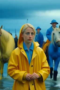 In the music video, a 23-year-old woman with blonde hair and bright blue eyes stands in the sea, se has a bun. dressed in a yellow fisherman's jacket ag. She holds an umbrella, but it offers no protection from the pouring rain. Around her, heavy horses are moving. The rain is pouring heavily. She is standing in the middle of the sea. You can see here completely. Horses only the girl and horses, i wanna see the horses dancing around her.. NOT SEXY!! middle of the sea, green pants, bolder, green