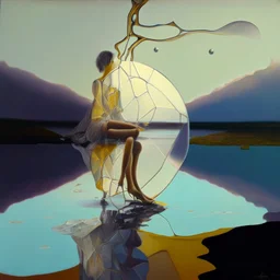 dusk abstract landscape with lake,boat and human body, universe-like Soap Bubble,complex surgical instruments mixed with human body-like musical instruments,minimalism,Painting By Adrian Ghenie, Rene Magritte, Salvador Dali, Lucian Freud