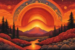 cosmic portland oregon sunset in a psychedelic orange, red, and yellow color palette in the illustrated style of alex grey