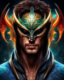 ultra realistic photo portrait of superhero man with stylized dragon mask over his eyes and forehead cosmic energy, colorful, painting burst, beautiful symmetrical face, nonchalant kind look, realistic round eyes, tone mapped, intricate, elegant, highly detailed, digital painting, artstation, concept art, smooth, sharp focus, illustration, dreamy magical atmosphere