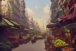 A greengrocer in colorful genoa street+decòpunk Skyscraper+ +steampunk+biopunk+alphonse mucha, greg rutkowski,matte painting, cryengine, hyper detailed, felix kelly, fantasy art, seb mckinnon