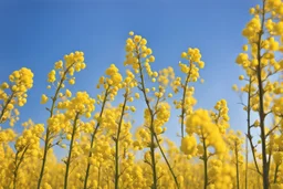 clear blue sky for top half, across Middle is canola flowers with green canola stems branches and leaves below, rapeseed sharp focus, realistic