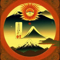 Ukiyo-e styled art, yin and yang sign, mountains and sun