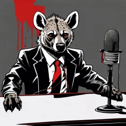 Hyena in a suit and tie, as an announcer sitting at the transmission table with a microphone presenting a newscast. Banksy cómic style. Ultra quality. White, red and Black colors