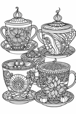 Outline art for coloring page, FULL PAGE 3 TEACUPS GROOVY DESIGN, coloring page, white background, Sketch style, only use outline, clean line art, white background, no shadows, no shading, no color, clear