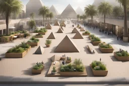 public area with 3 pyramids, modern street seating , planters, bazaars.