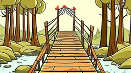 Cartoon style: t the end of the bridge, there is one tiny wooden house with red roof