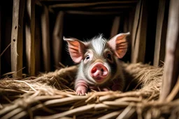 cerdito ATERRORIZADO dentro de su casa de paja. estilo cubismo