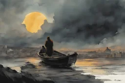 Nearer my God to thee. Open Hymnal . music. A soft-focus image of the golden sunset casting a warm glow after the rain, create in inkwash and watercolor, in the comic book art style of Mike Mignola, Bill Sienkiewicz and Jean Giraud Moebius, highly detailed, gritty textures,
