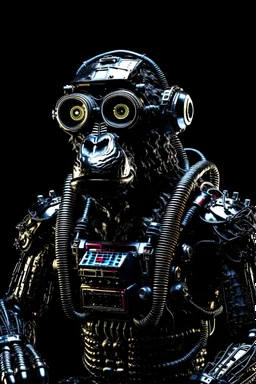 realistic cyberpunk style geometric robot gorilla wearing rectangular goggles and a high tech cybersuit with various wires lights and doodads made of reflective black plastic rusted metal and discarded electronic parts looking up into the sky in harsh high contrast lighting from the top