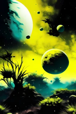 A3 format spray paint three planets with nebula in the background all in yellow tint, with alien plants.