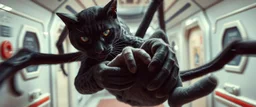 gritty air brush 3d with pen outline, vampire space loab spider panther cat holding a human in its grip, pin hole cam in doll house space ship hospital corridor, in the style of HR GIGER, ESCHER, motion blur background