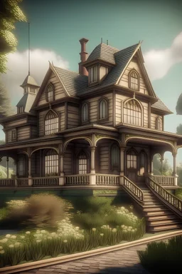 A vintage house in the style of Victorian with a tranquil mood and a view.