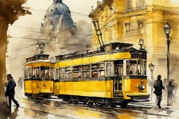 yellow tram in Budapest, style Alvaro Castagnet, Anton Pieck highly detailed elegant very attractive beautiful dynamic lighting watercolor aquarelle Thomas Wells Schaller