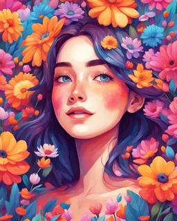 Please create an illustration of a pretty girl surrounded by vibrant flowers using vibrant colors. The artwork should showcase the beauty of nature and convey a sense of joy and positivity. The illustration style should be vibrant and lively, capturing the essence of illustration art.