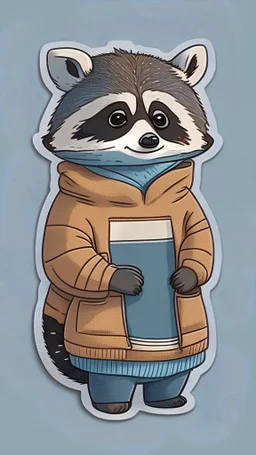 un lindo mapache con una sudadera, sticker, caricatura