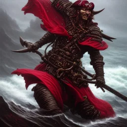 a pirate warrior in dark red and black full battle armor, a highly detailed illustration, background of giant crashing ocean waves, realistic render, 8 k, micro detail, intricate, elegant, centered, digital painting, Artstation, smooth, sharp focus, illustration, artgerm, tomasz alen kopera, peter mohrbacher, donato giancola, joseph christian leyendecker, wlop, boris vallejo