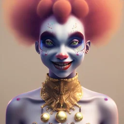 Ultra detailed very beautiful smileing cute clown girl,beautiful real skin, red nose, shallow of dept 3d, symmetrical, ultra detailed curl hair, soft lighting, ultra detailed face, concept art, circus,party, digital painting, octane render, art by artstation