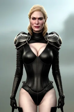 Cersei Lannister as evil mistress in black leather, dominatrix, busty, cleavage, curvy, lena headay, angry, stern look. character design by cory loftis, fenghua zhong, ryohei hase, ismail inceoglu and ruan jia. unreal engine 5, artistic lighting, highly detailed, photorealistic, fantasy