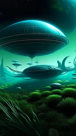 12 different sizes plants around in fog blue backdrop with a big spaceship hi density photographic