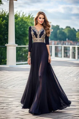 very beautiful ukrain lady wearing pretty maxi flared dress