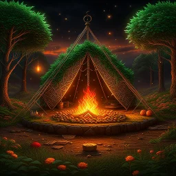 Camp fire, Rainy Night, highly detailed with lush forests, green leafs, flowers, pagan temple with runes, high resolution, 24k, ornate, intricate, complex, digital painting, smooth