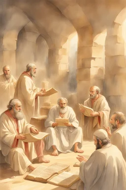 Several Christian priests of the 1st century AD are sitting in a cave and actively arguing and gesticulating, each holding a scroll of Ancient Scripture, many ancient scrolls are lying on a wooden table in front of them, everything is written in watercolor in high resolution, in 8k.