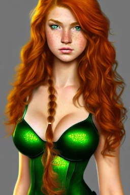 concept illustration, ultra-realistic, super-detailed, strikingly beautiful teen female, 16 years old, long ginger hair, green eyes, medium freckles, full lips, full body, full face, b-cup breasts, athletic, centred camera, ignore NSFW, skimpy armor, stern expression