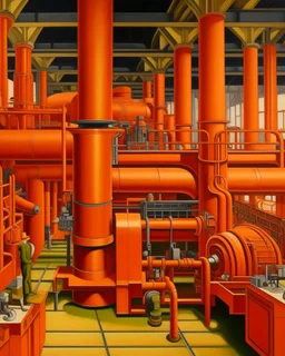 An orange colored mechanical factory with arrows painted by Diego Rivera
