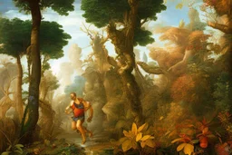 man running in colorful jungle by andrea del sarto