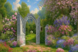 intricate ornate gate, garden, path, flowers, fine detail, high quality, Post-Impressionism,