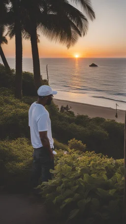 A man wearing a white Dad Hat, sunglasses, no chain, and looking at the sea and the sunrise