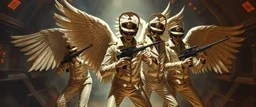 master oil painting by Rembrandt, angel Nephilim alien Elvis fascist hero watchers glistening uniform with insignia and mafia hats, dancing weapon dance in messed up space ship, in the style of Giger