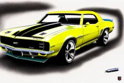 pen and color marker, true-to-life 1969 chevrolet camaro convertible pro street, two-tone paintwork, classic hotrod wheels, detroit steel wheels, centered, intricate, extreme detailed, photorealism, center view, stylized random background, pivot on camaro, painting by cheryl kelley