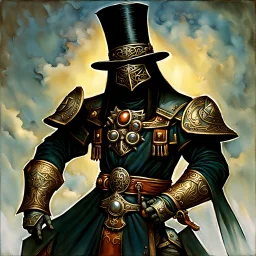 90's fantasy tcg art of a top hat man with a metal mask