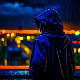 girl in a raincoat, viewed from behind, watching the empty city, at midnight, very dark colours, rainy, atmospheric, photo quality