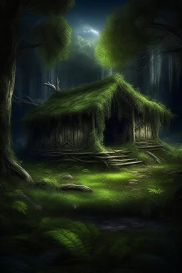 fabulous forest, old dilapidated hut in the forest, moss on the ground, fantasy, photorealism, clear drawing of all details, dark, night, moonlight, mysticism