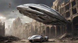 a photorealistic silver spaceship shaped like a sleek car flying over a ruined city