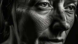 A portrait of a woman, her face etched with sorrow and longing. The lines on her face tell a story of heartache and loss, while her eyes seem to hold a glimmer of hope.