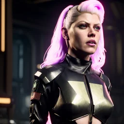 Actress, Katheryn Winnick, android woman, circuits, leather coat, cyber punk, neon, army, bamboo, blood, portrait, studio photo, unreal engine 5, soft color, 16 bit, god lights, ray tracing, RTX, lumen lighting, ultra deatail, volumetric lighting, 3d, finely drawn, hd.