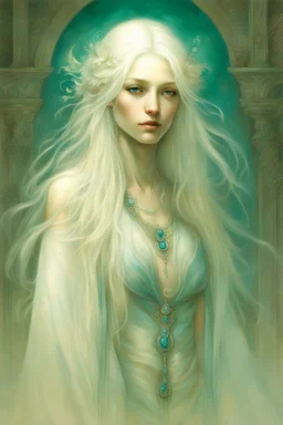 An Enigmatic Woman, Waist-Up View, Back Adorned With Translucent Fabric, Skin Touched With Teal Shimmer, Ethereal Light Glowing, Long White Hair Cascading To Her Shoulders, Artwork By Anne Bachelier, Michael Shapcott, Marc Simonetti, Gracious Face, Charming Eyes, Intricate Details, Backlit