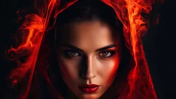 Generate an image of a woman's face half veiled in shadow, half illuminated by a fiery red glow, symbolizing the internal struggle between light and darkness, love and evil, within the human soul. super dark and gory