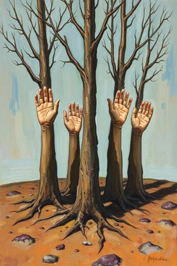 Human are planted in the ground like trees with hands up and Busch painting style