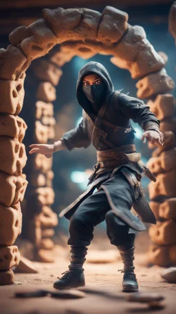 portrait of wilderness ninja stepping through portal wearing clawed shoes, we can only see part of him on this side of the portal, he is throwing ninja stars that looks like cookies at mega alien looking dogs during a game show, bokeh like f/0.8, tilt-shift lens 8k, high detail, smooth render, down-light, unreal engine, prize winning