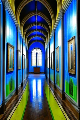 An exhibition of paintings whose walls are in the shape of an oval and made of blue glass and its floor is light with a wall in the middle of the hall to divide it into two parts with a corridor at the beginning and end of the wall and the paintings displayed are old and historical