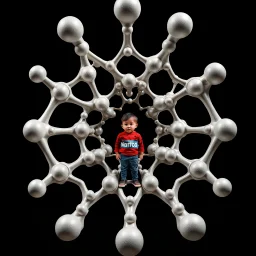 a 3d structure fractal based on tiangles with small spheres at joints ,with a 8 years old boy standing in center