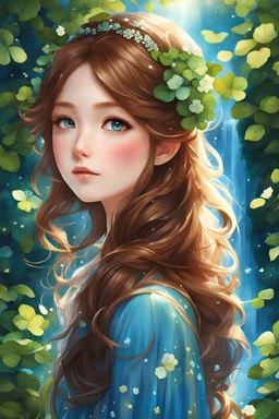 In the enchanting world of illustration art, there stood a beautiful anime girl with shiny flowing brown hair that cascaded down her back like a rich chocolate waterfall. Adorned on her head were full clover leaves, carefully sewn into her hair, adding a whimsical touch to her look. Her lovely bright blue eyes sparkled with warmth and kindness. She found herself surrounded by a stunning array of colorful flowers, each petal boasting a different vibrant hue. The illustration itself was a masterpi
