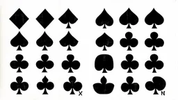 playing card symbols, 4 rows of symbols including diamond, spade, hearts and clubs, inky weathered and degraded looking vector style with rough irregular edges and holes, inspired by IM Fell font