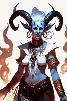 A full body image of this tiefling woman she has fire powers, she is floating she has lots of jewelry and the horns of a ram and also the horns of a gazelle, her outfit is white and her body is covered in tribal tattoos, she is laughing